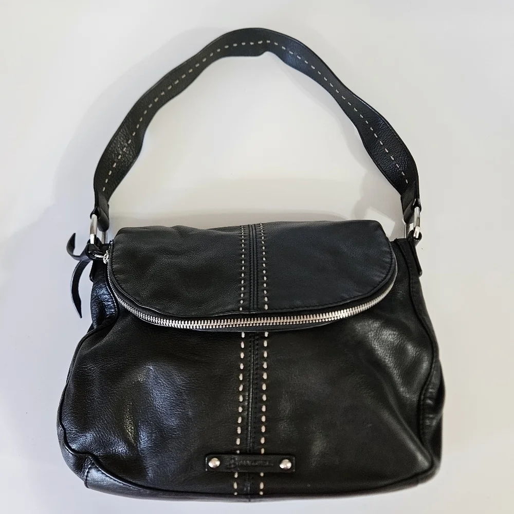 B. Makowsky Black Leather Contrast Stitching Top Flap Hobo Shoulder Bag